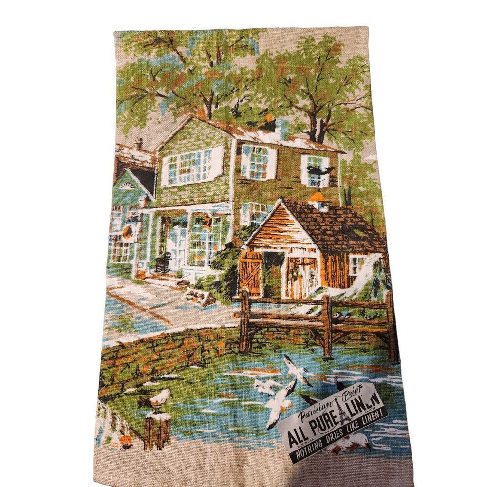 Vintage Parisian Print pure linen tea towel, farmhouse, cottage, town
